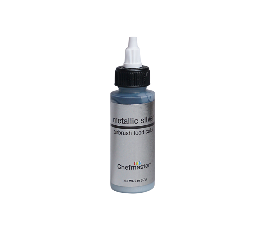 Chefmaster metallic airbrush with gold, silver, and pearl colors, showcasing the vibrant, shiny paint options in a professional spray tool